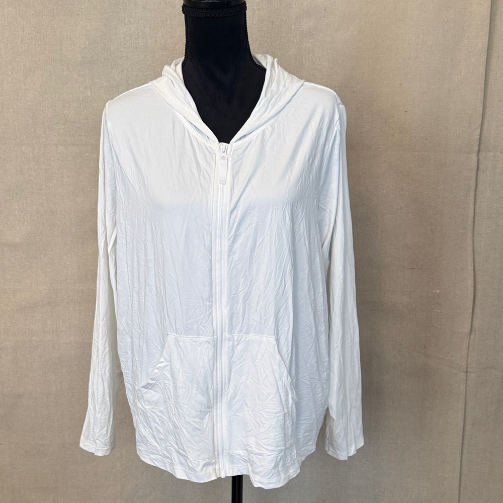 Lands' End Women's White Hooded Swim Cover-Up Swim Shirt Size 2X Full Zip - Picture 3 of 11